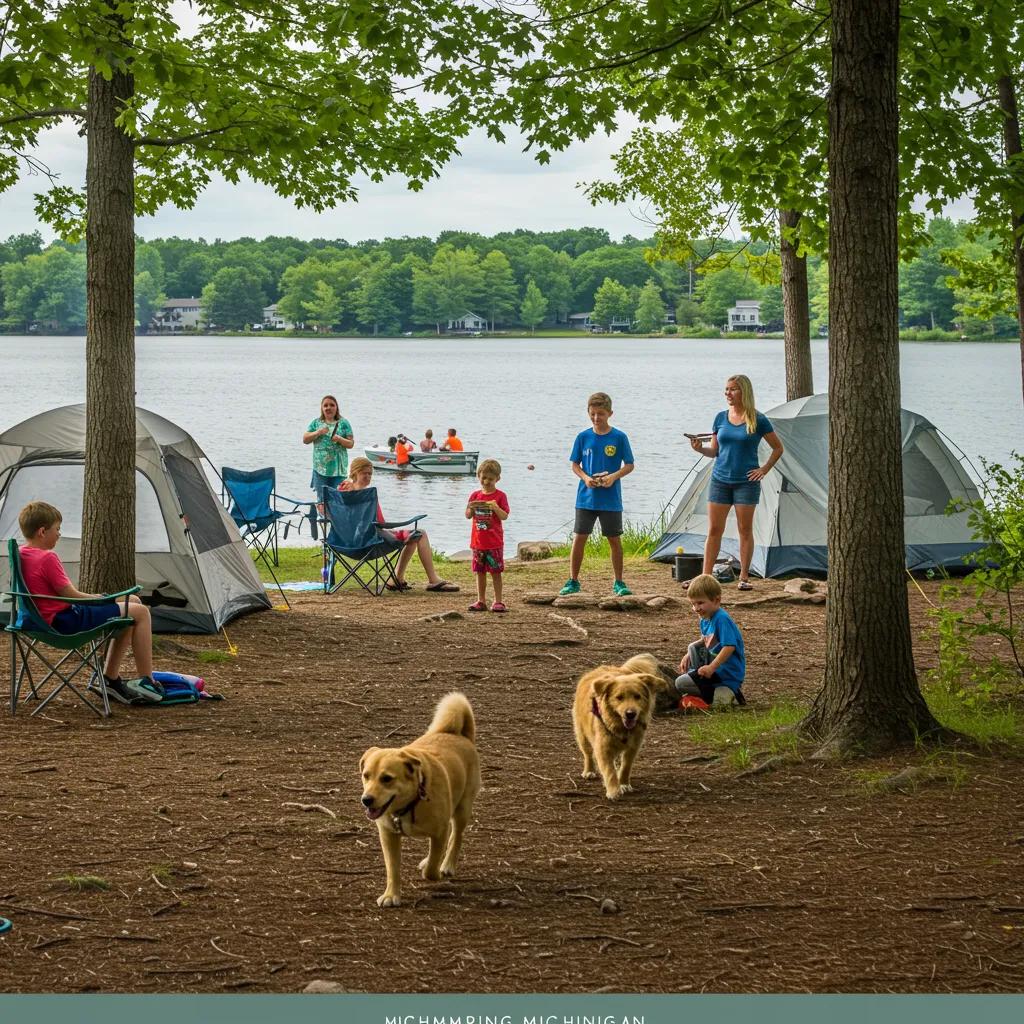 Family camping in Michigan with a dog near a lake, showcasing a vibrant outdoor scene