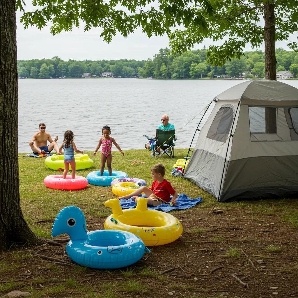 Family camping in Michigan with children playing by the lake and a tent setup