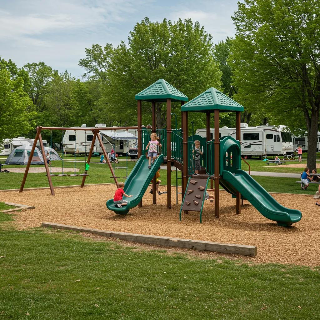 Family camping in Michigan with children playing on a modern playground