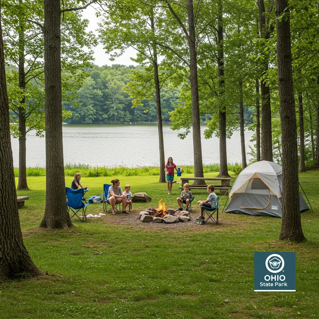 Family camping in Ohio State Park with tent, campfire, and lake view