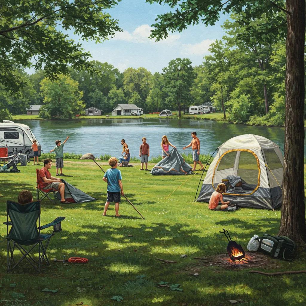 Family camping in Ohio with children playing by a lake and parents setting up a tent