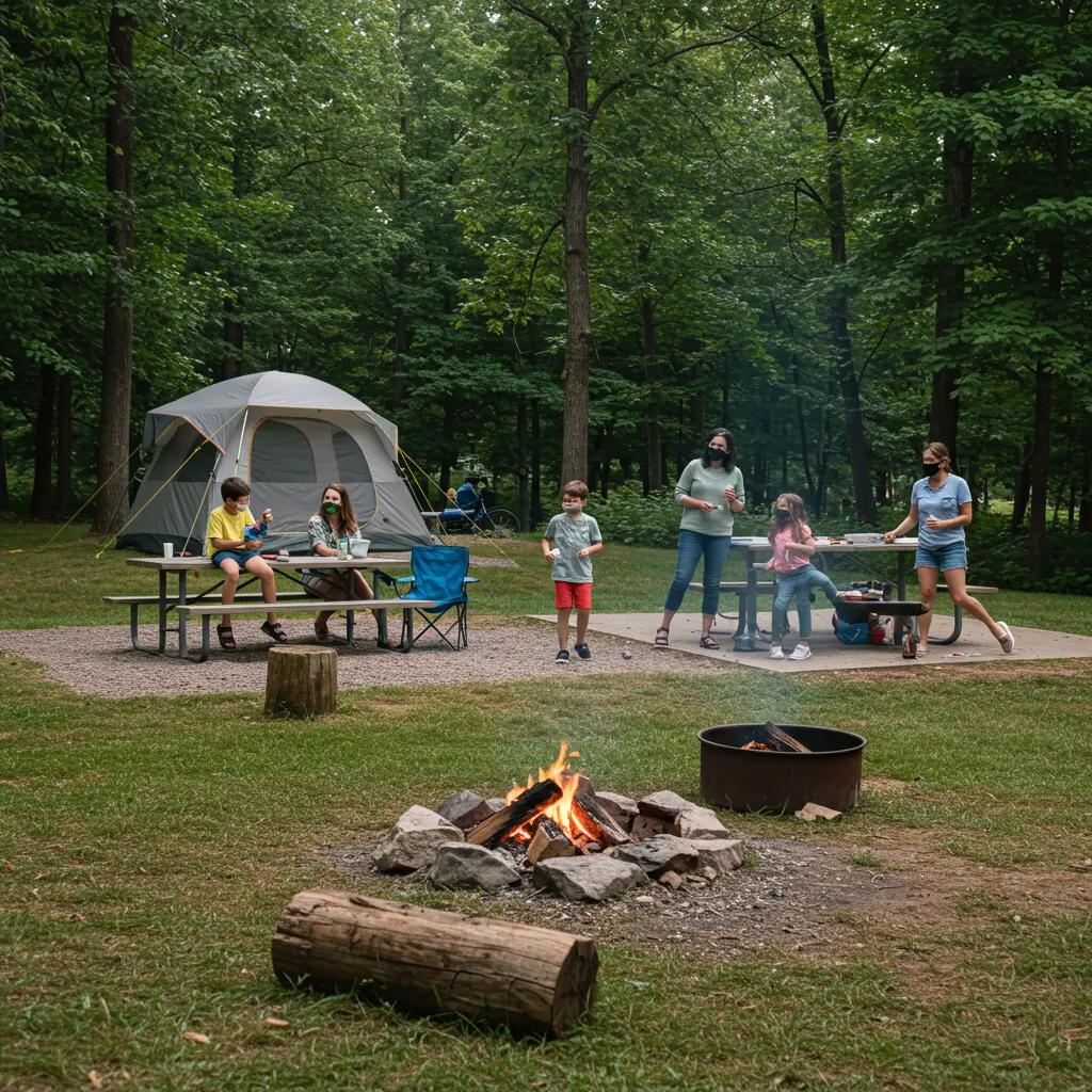 Family camping safely at an Ohio campground during the pandemic, showcasing outdoor recreation and health measures
