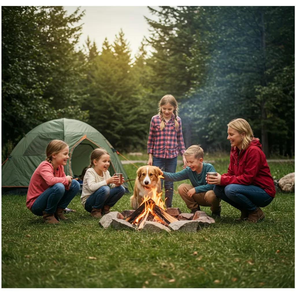 Family camping with a dog around a campfire in a scenic forest