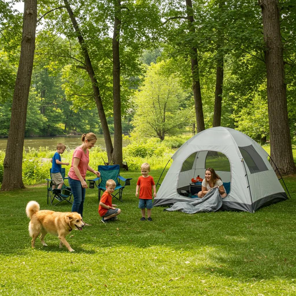Family camping with a dog at a pet-friendly campground in Michigan
