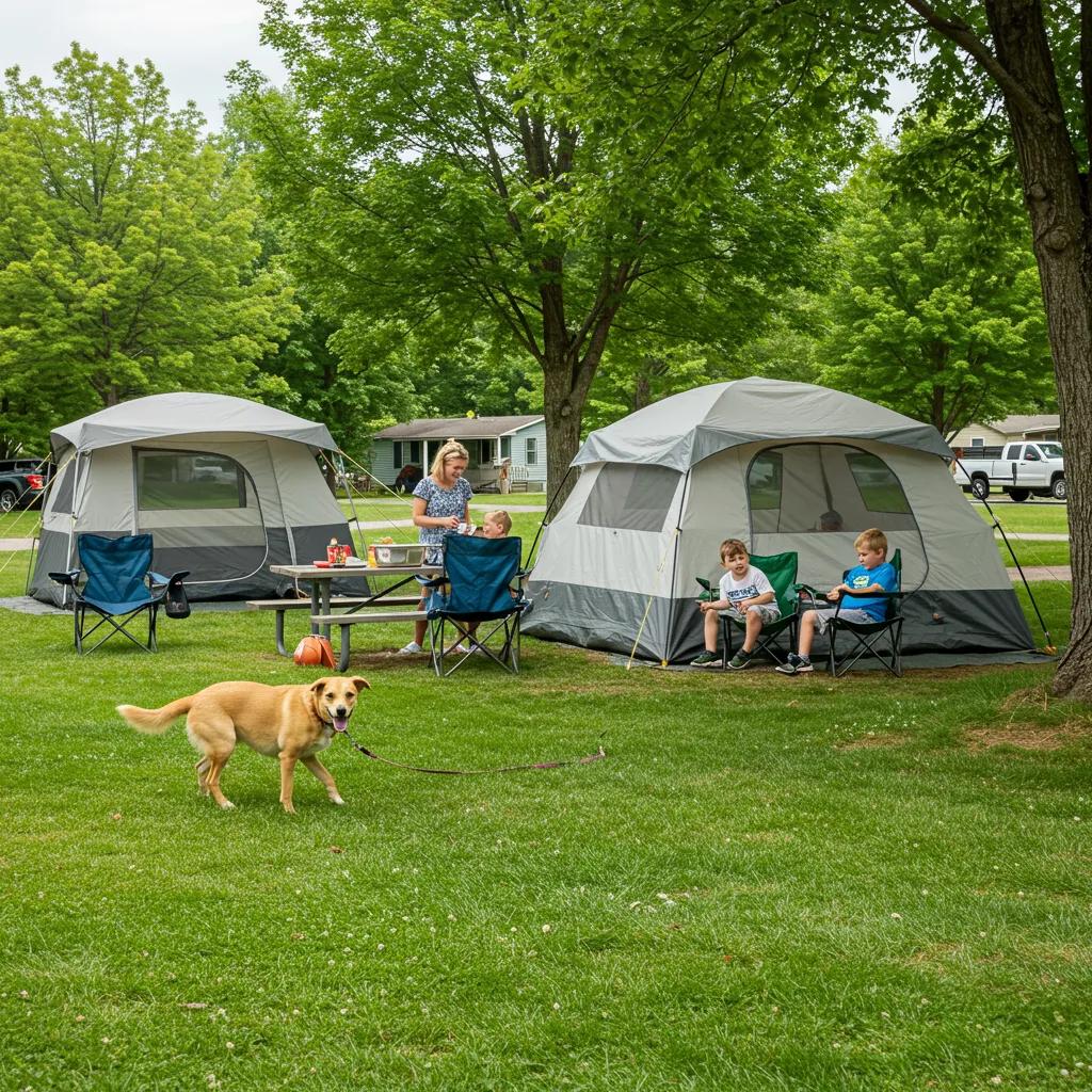 Family camping with a dog at a pet-friendly campground in Michigan