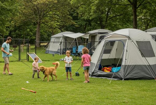 Family camping with a dog at a pet-friendly campground in Michigan