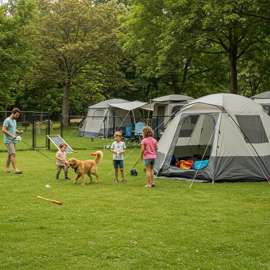 Family camping with a dog at a pet-friendly campground in Michigan