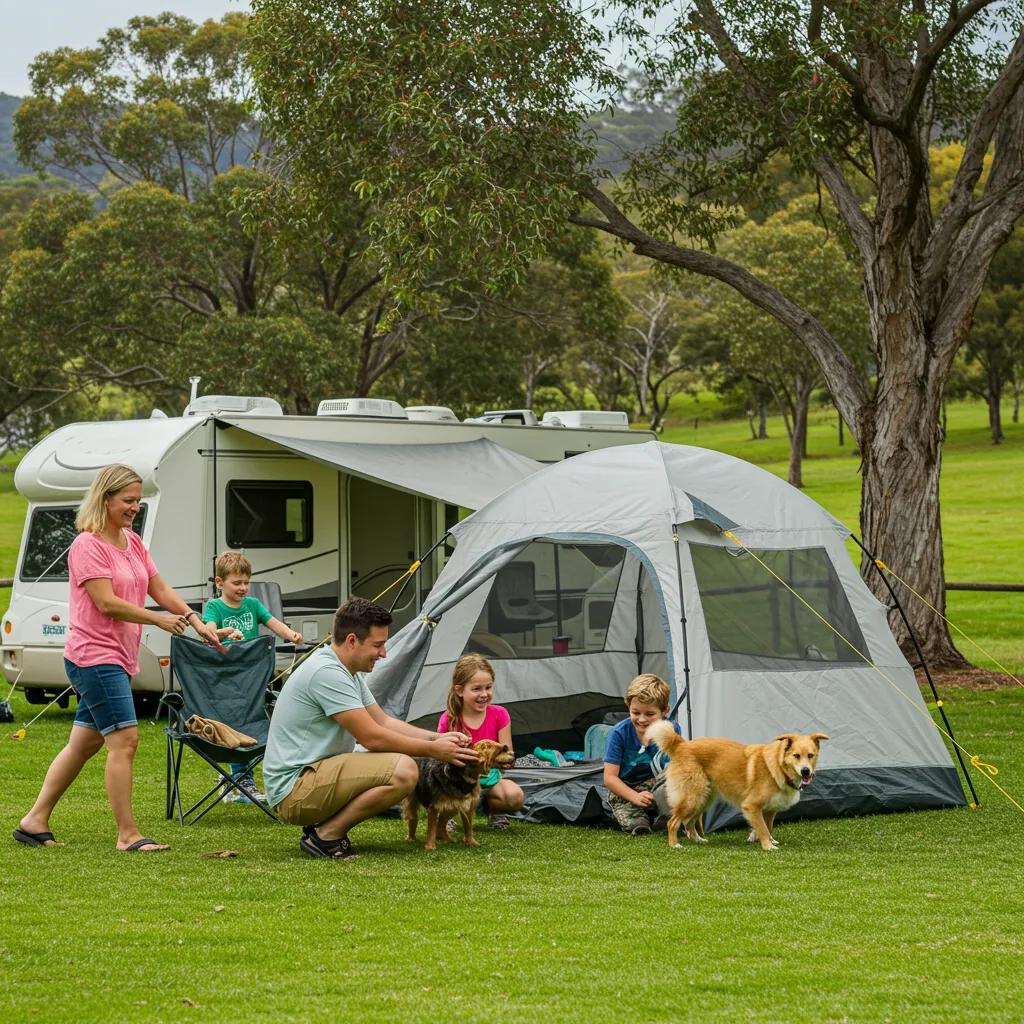 Family camping with a dog at a pet-friendly campground in Michigan