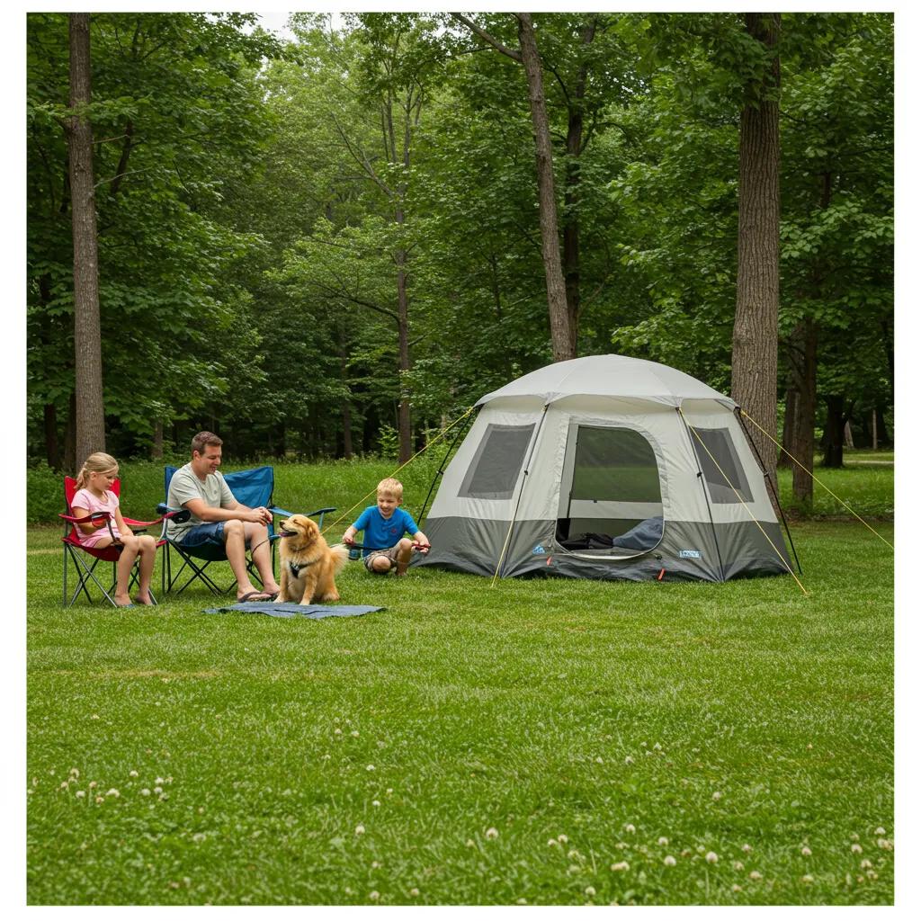 Family camping with a dog at a pet-friendly campsite in Michigan