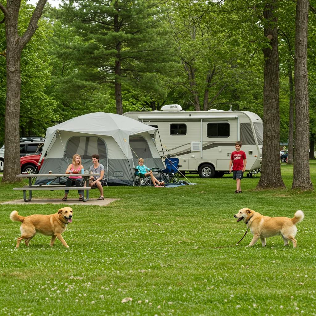 Family camping with a dog in a pet-friendly campground in Michigan