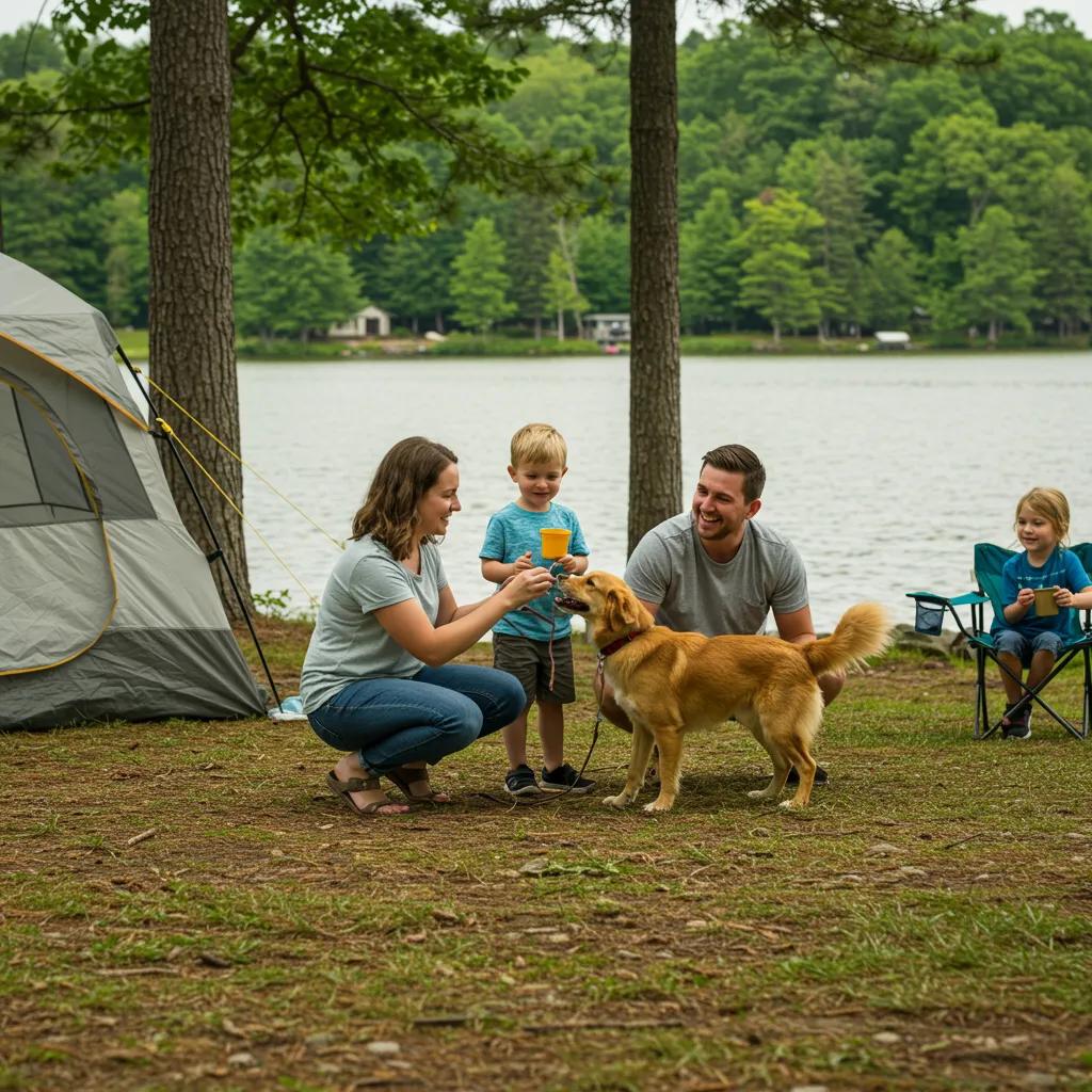 Family camping with a dog in a scenic Michigan campground