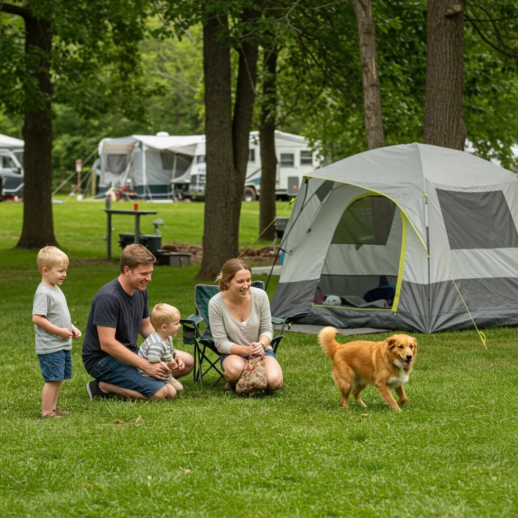 Family camping with a dog in a scenic Michigan campground, showcasing pet-friendly amenities