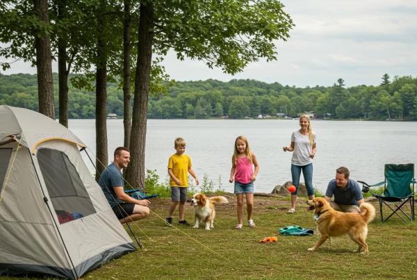 Family camping with a dog in a scenic Michigan landscape, highlighting outdoor pet-friendly adventures