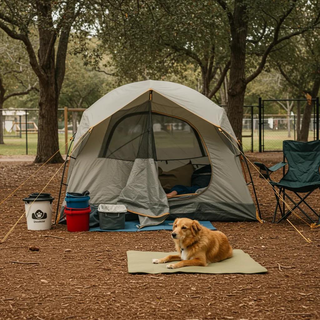 Family camping with their dog at a pet-friendly campground in Michigan, highlighting outdoor accommodations and pet comfort