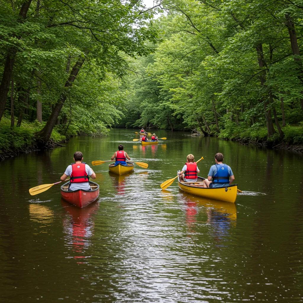 A happy family enjoying a scenic canoe trip down the Shiawassee River at a Michigan campground