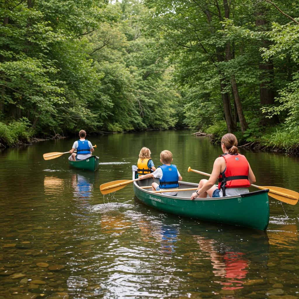 Family canoeing together on a river at a Michigan campground