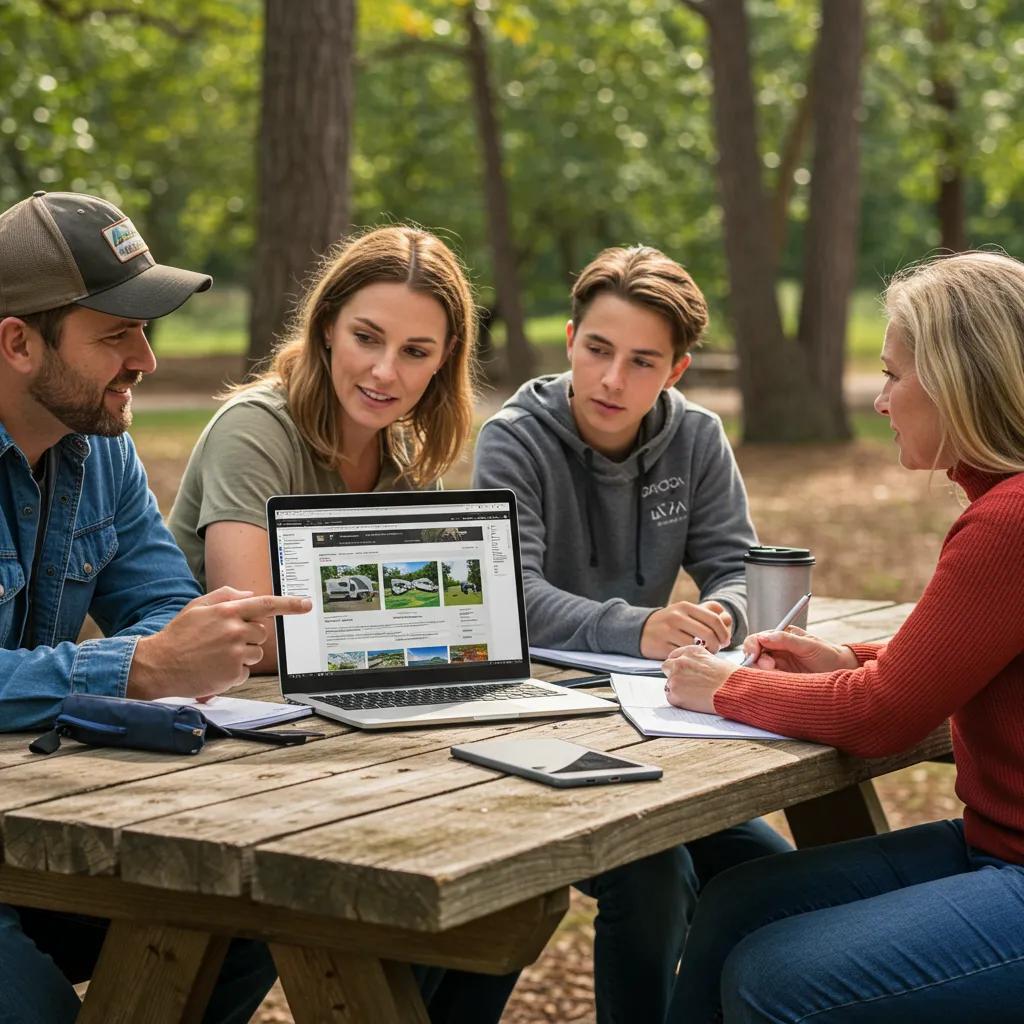 A family comparing campground pricing options while gathered around a picnic table outdoors