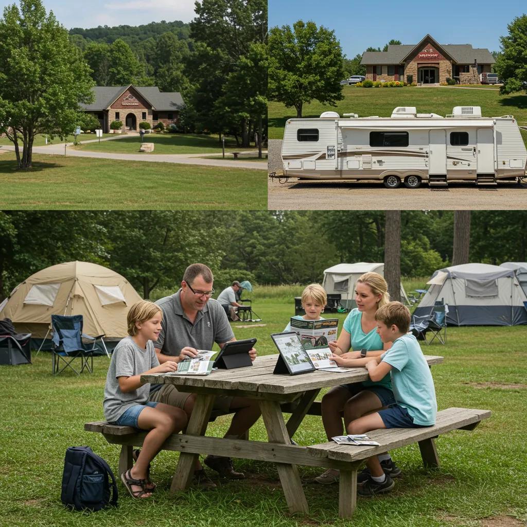 Family comparing camping options at a picnic table with state park and commercial campground views