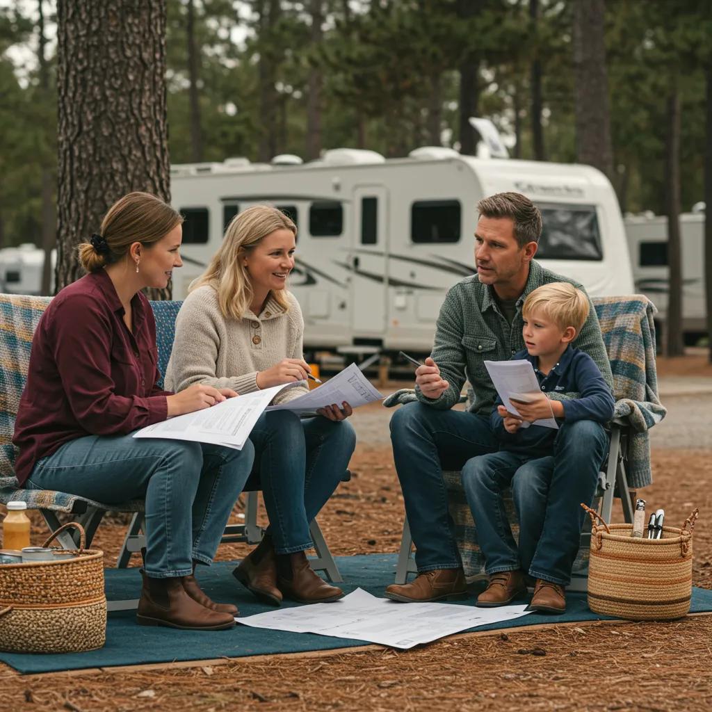 A family discussing campground plans in a comfortable outdoor setting, emphasizing community focus