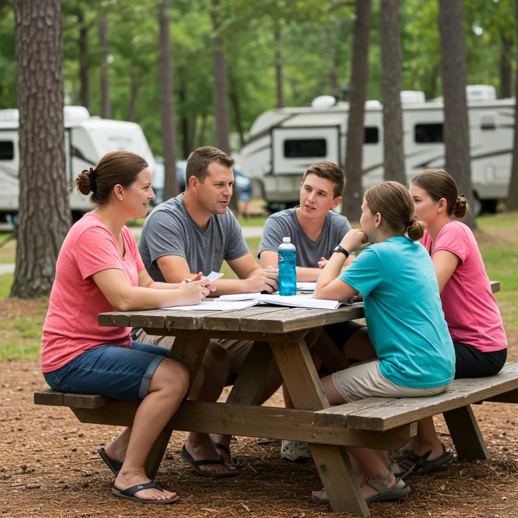 Family discussing campground sale at a picnic table, symbolizing trust and community in direct transactions