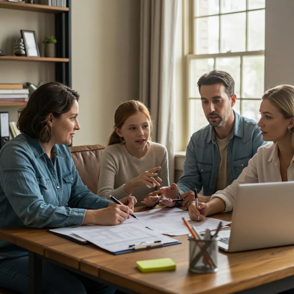 A warm, inviting scene of a family thoughtfully discussing the sale of a campground in a cozy, well-lit office.