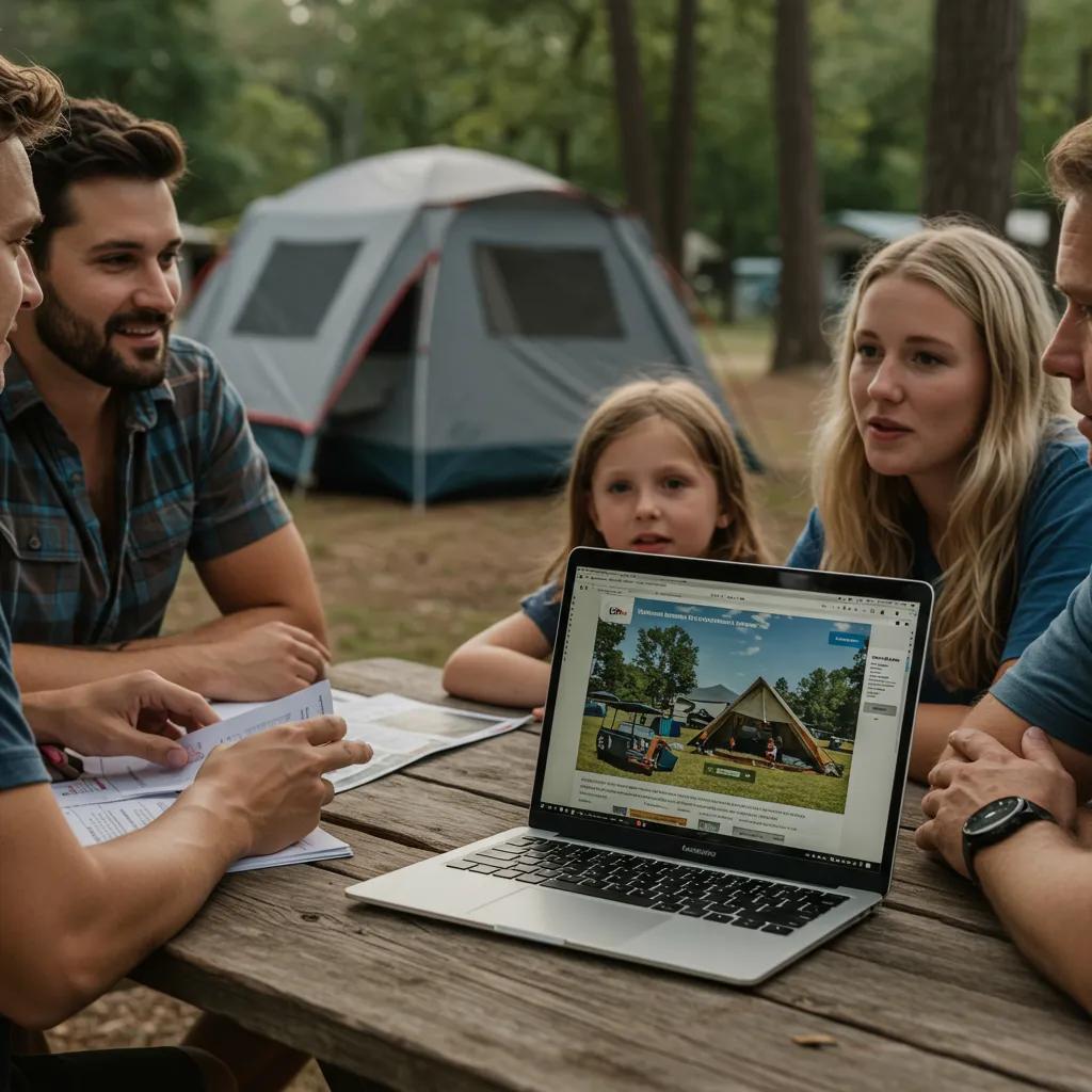A family discussing camping plans, looking at a laptop displaying campground reservation details