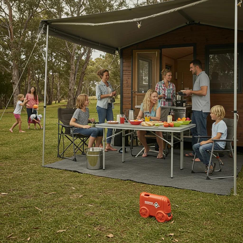 Family enjoying a cabin stay at a Michigan campground, highlighting comfort and outdoor fun