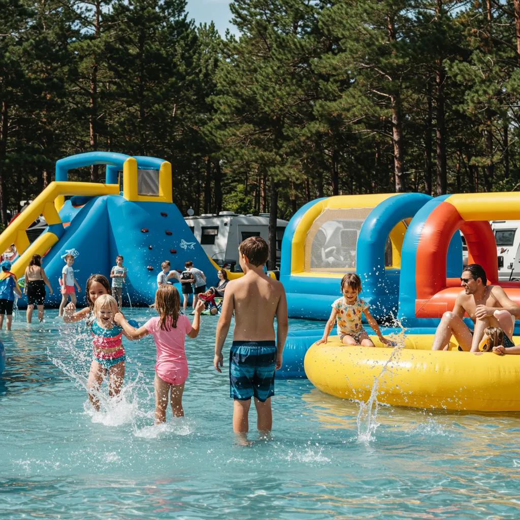 Family enjoying a campground with kids playing in a water park
