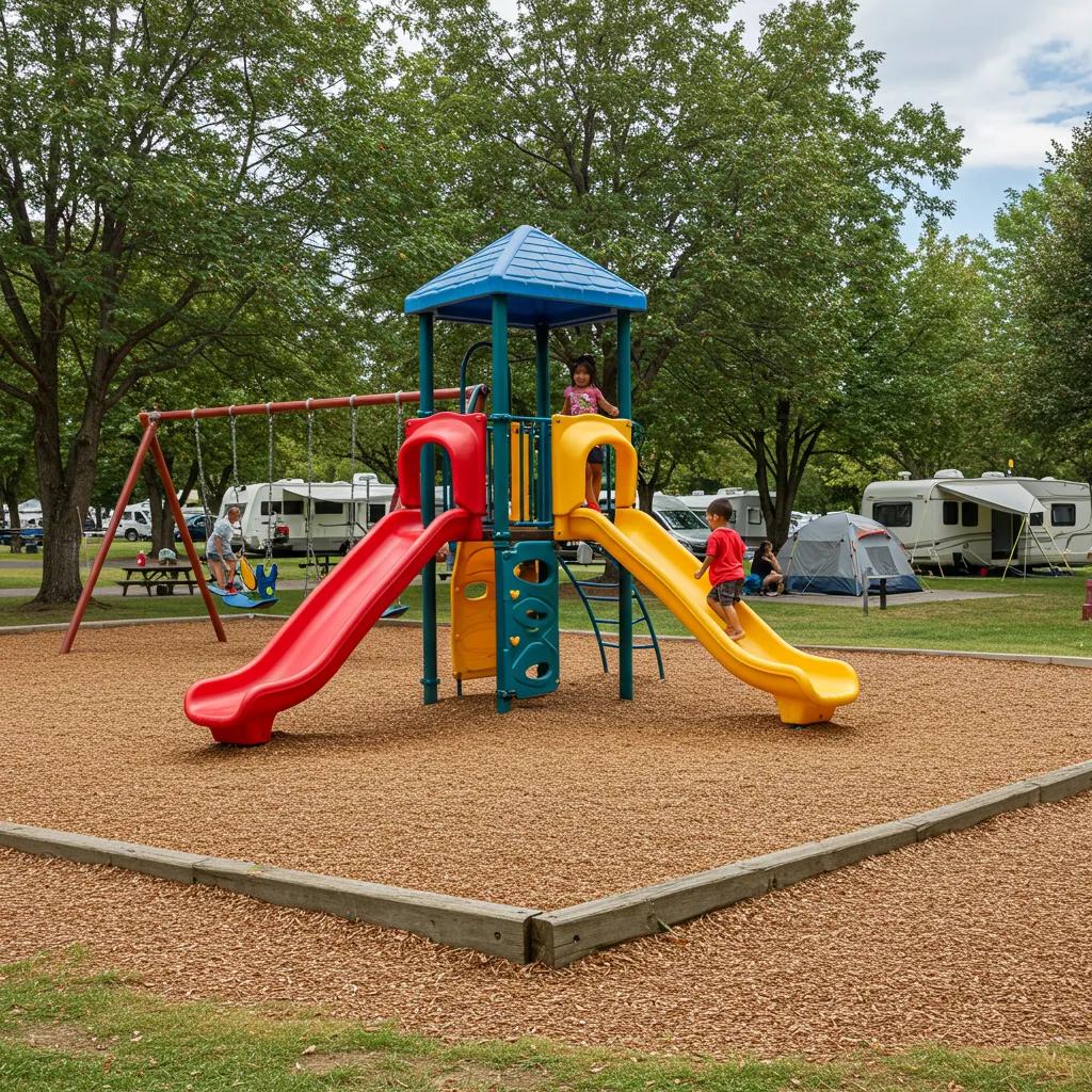 Family enjoying a campground with playgrounds in Michigan, highlighting outdoor fun and adventure