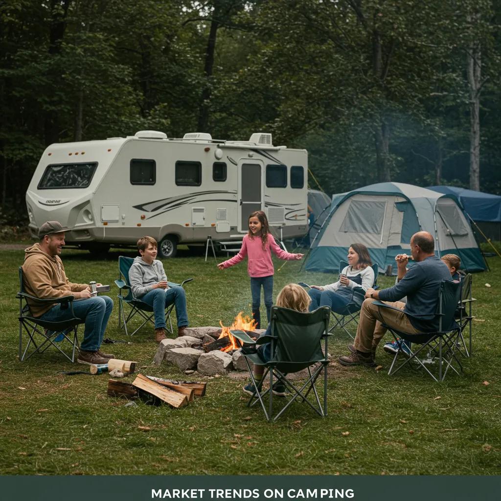 Family enjoying a camping experience around a campfire in a scenic outdoor setting
