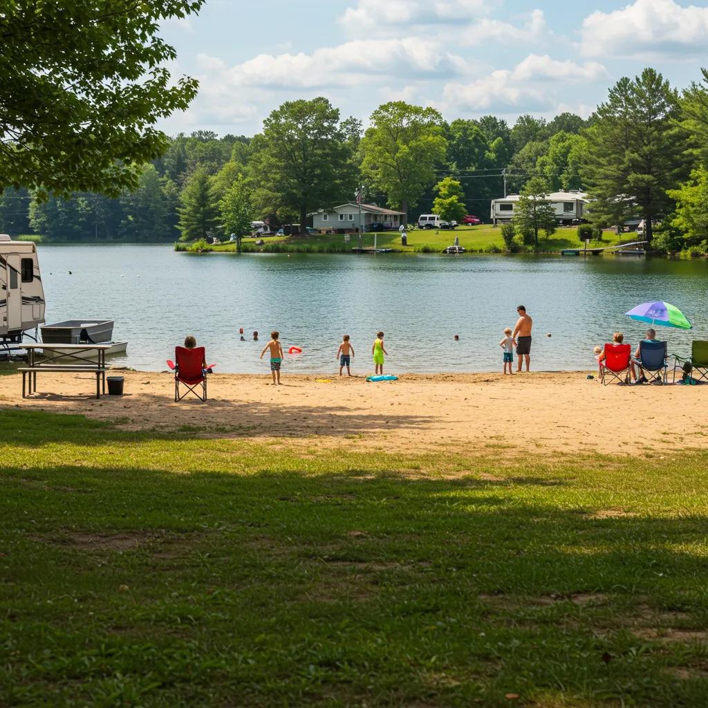 Family enjoying a camping experience at an Ohio campground with a lake and beach