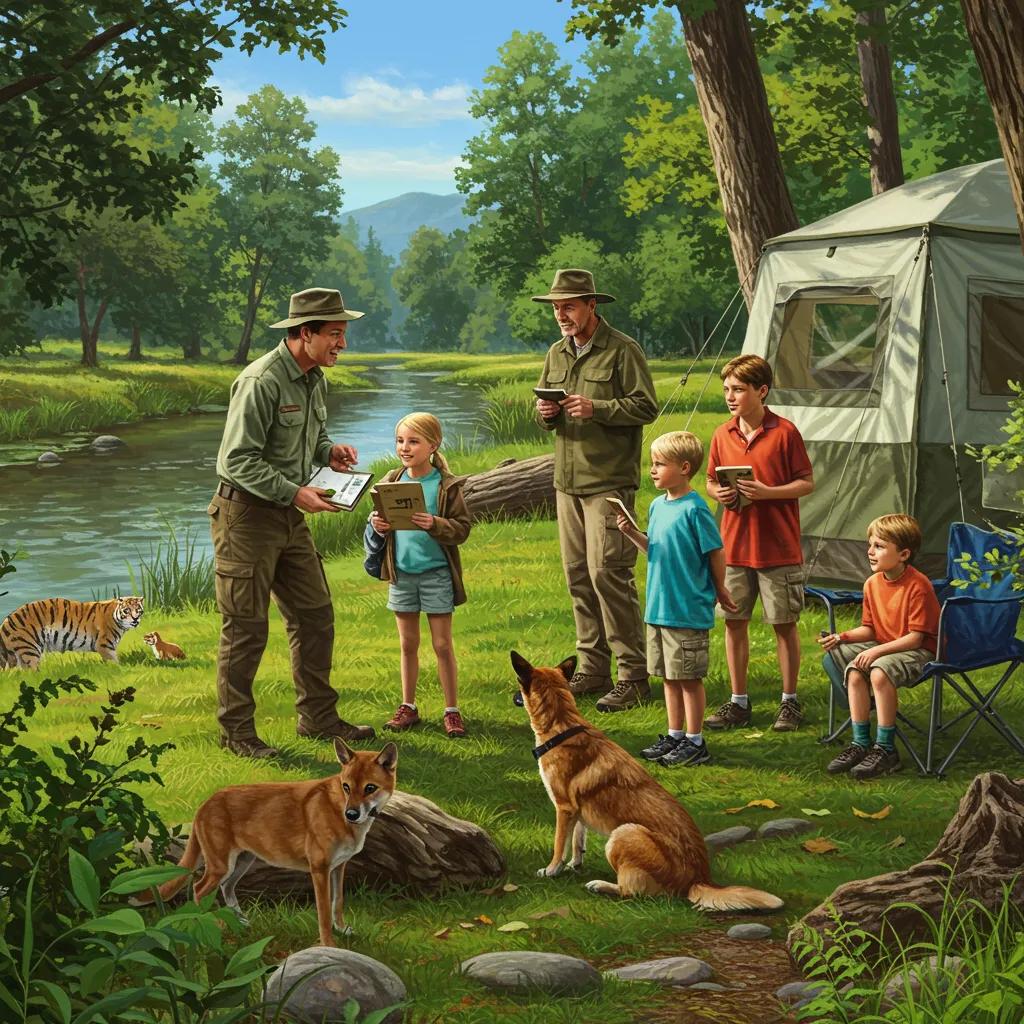 Family enjoying a guided nature tour at a campground, surrounded by lush greenery and a river