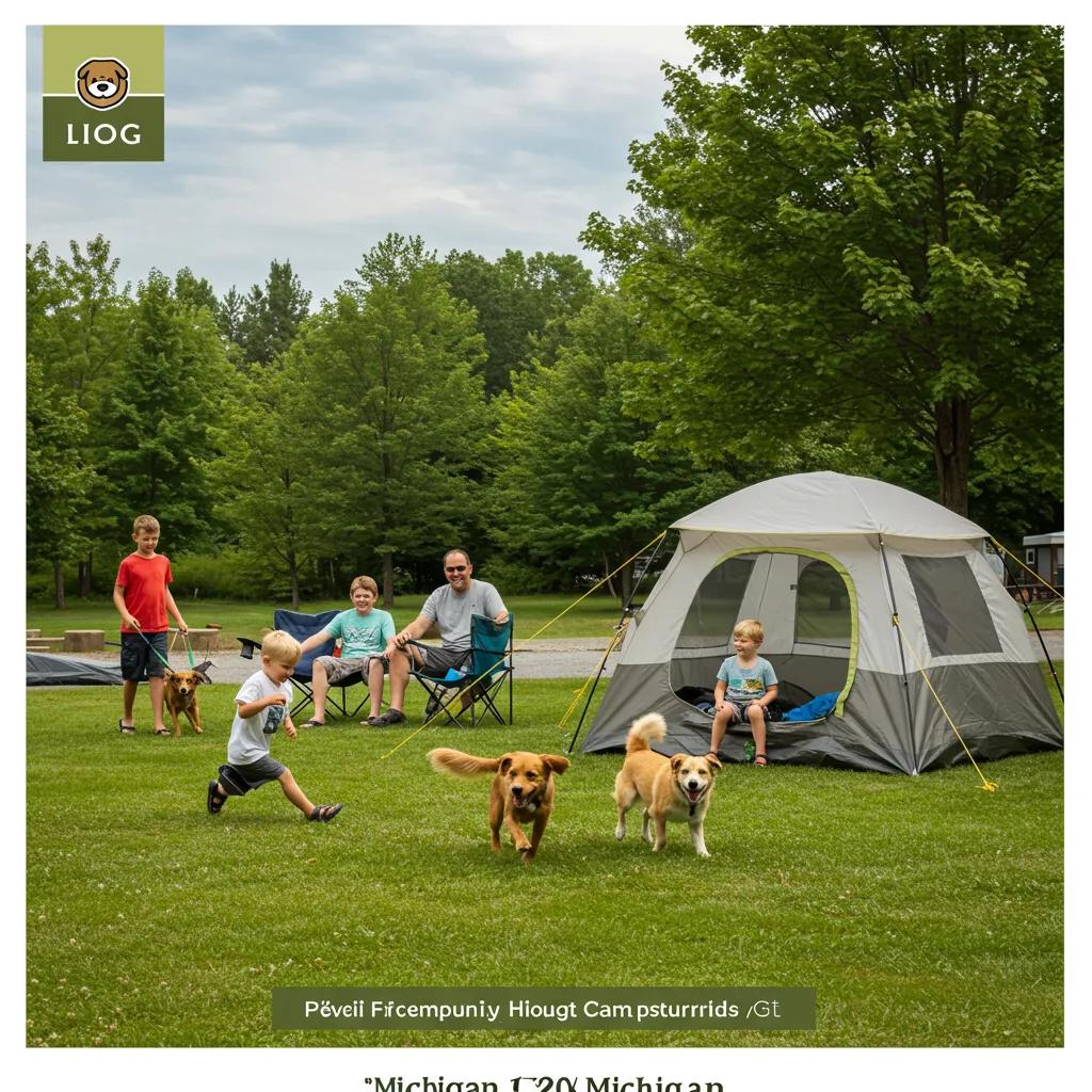 Family enjoying a pet-friendly campground in Michigan with children and a dog
