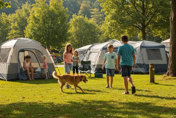Family enjoying a pet-friendly camping experience with a dog in a scenic campground