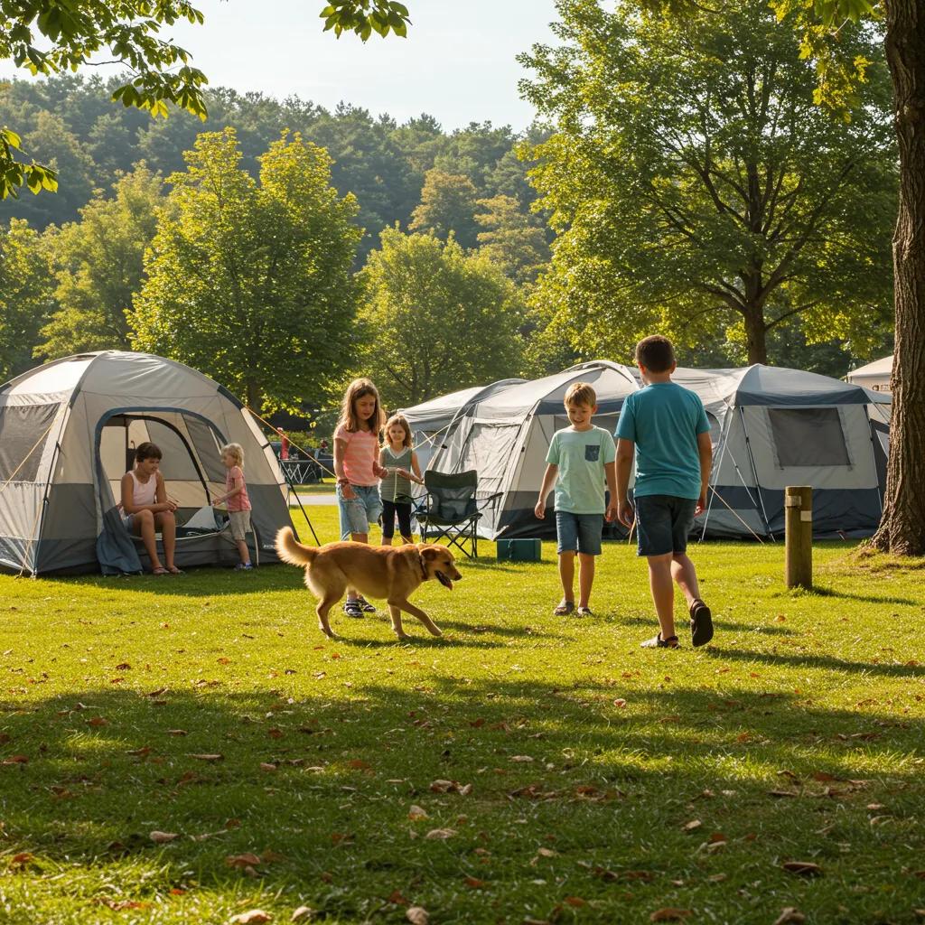 Family enjoying a pet-friendly camping experience with a dog in a scenic campground