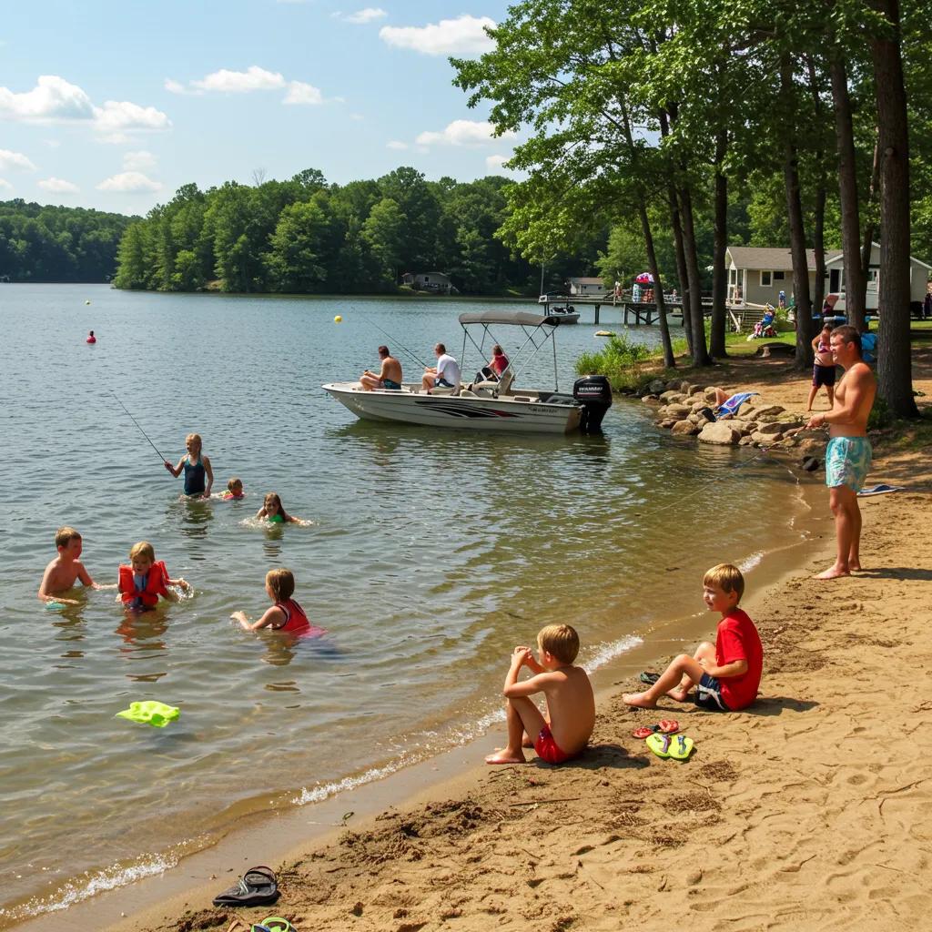 Family enjoying a sunny day at a lakefront campground in Ohio with swimming and fishing activities