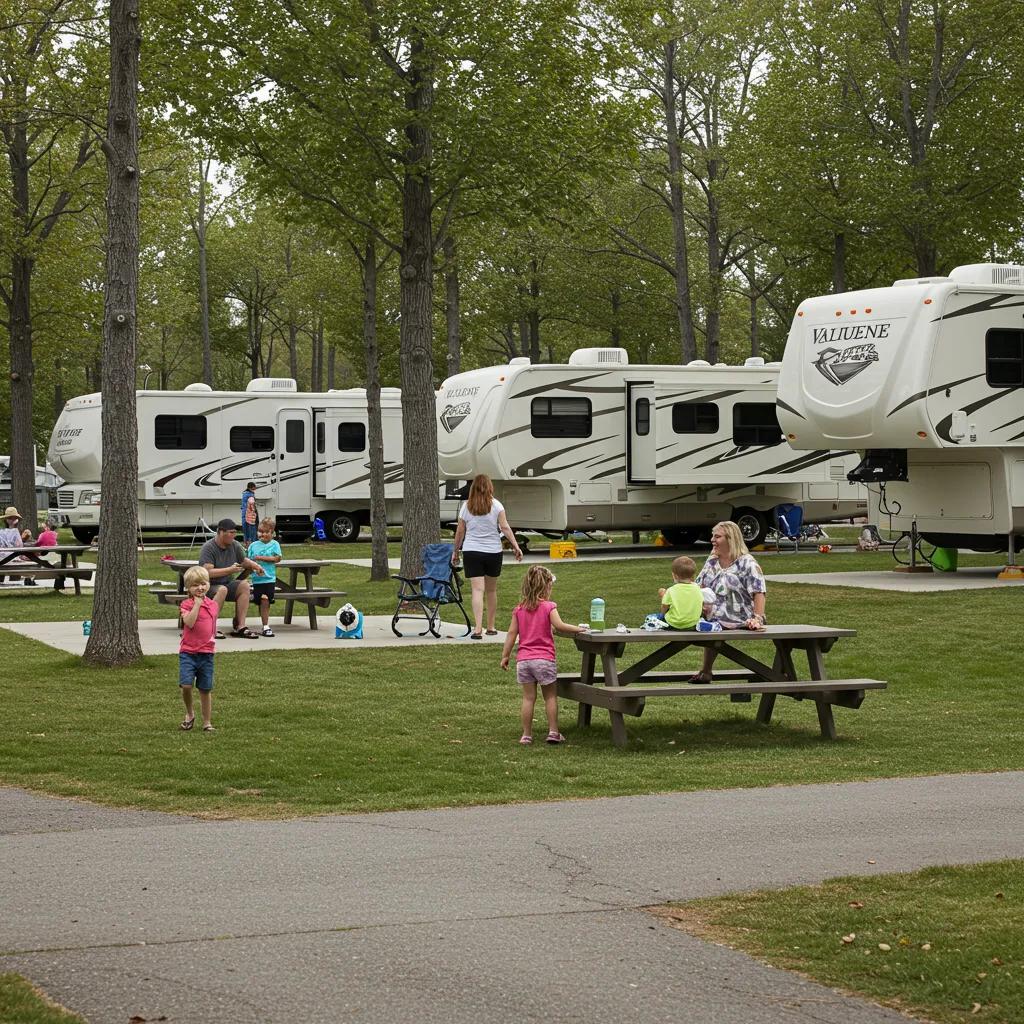 Family enjoying a sunny day at an RV park, highlighting community and outdoor activities
