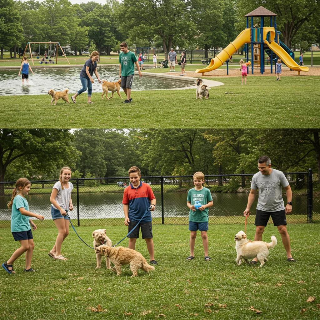 Family enjoying activities with their dog at Walnut Hills campground