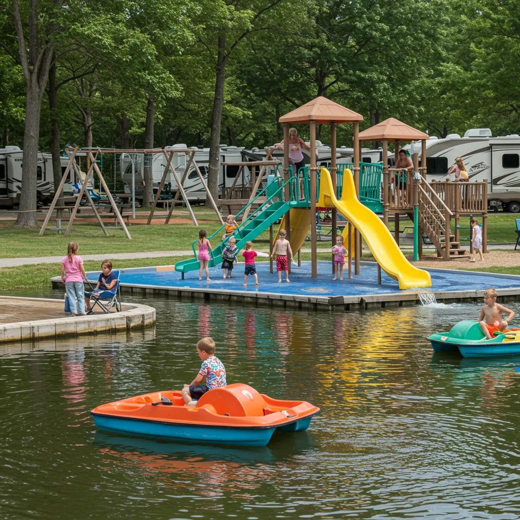A family having fun at a private campground, enjoying amenities like a waterpark and playground