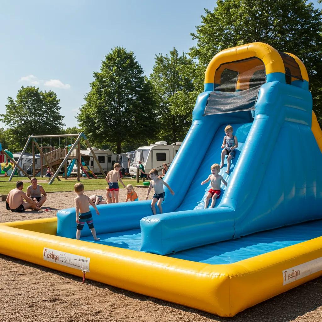 Family enjoying campground amenities like a water park and playground