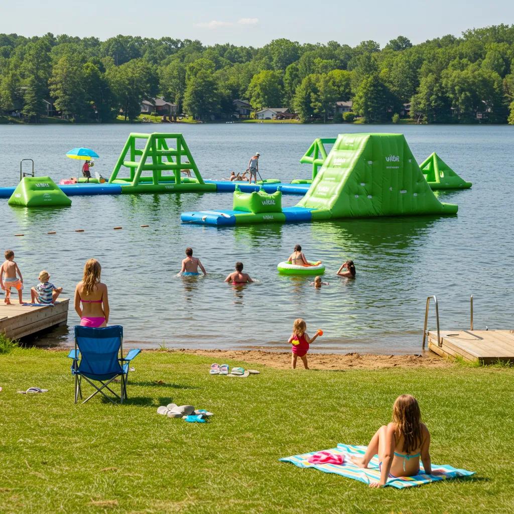 Family enjoying camping at a Michigan campground with a Wibit water park and lakeside activities