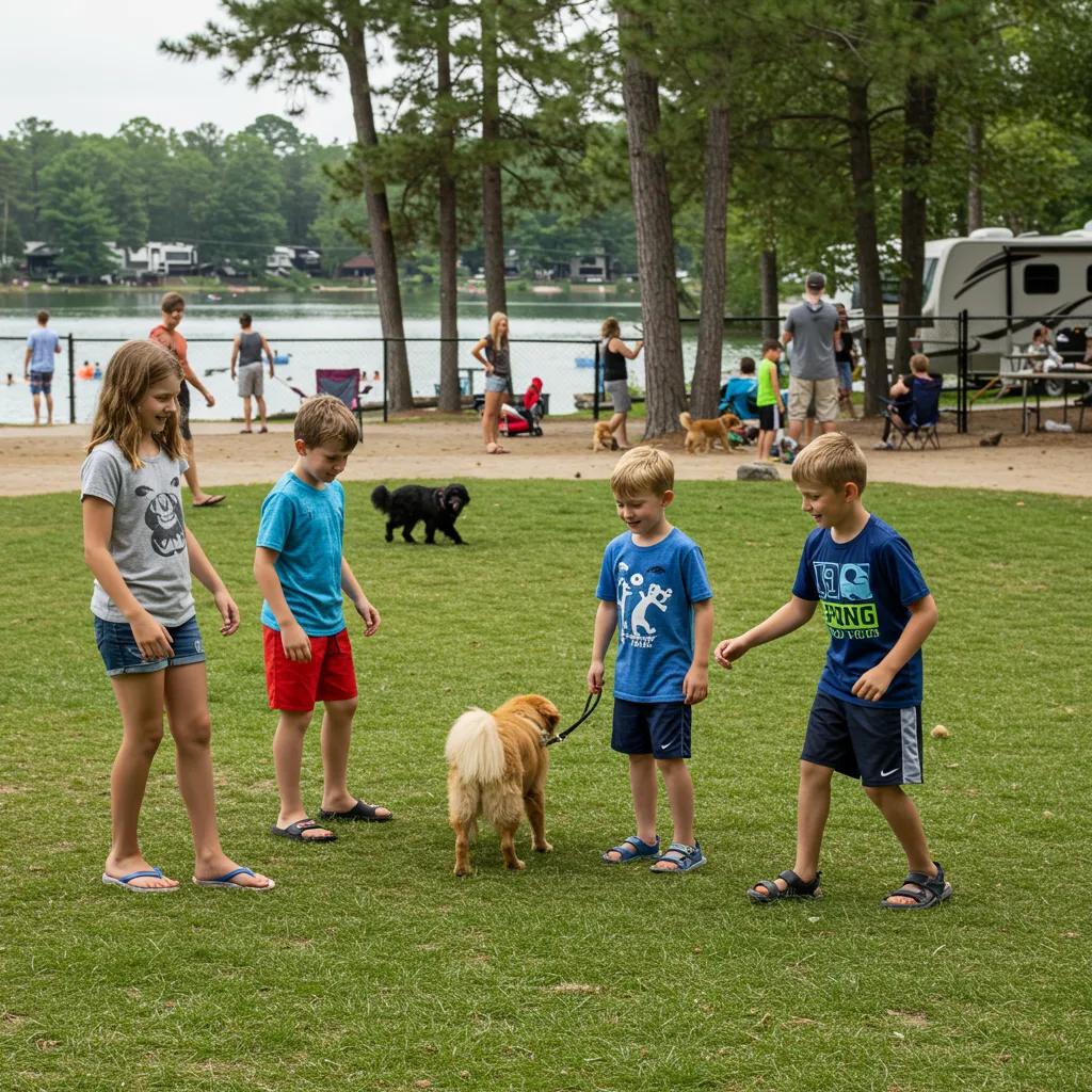 Family enjoying dog-friendly activities at a campground with a dog park and swimming lake