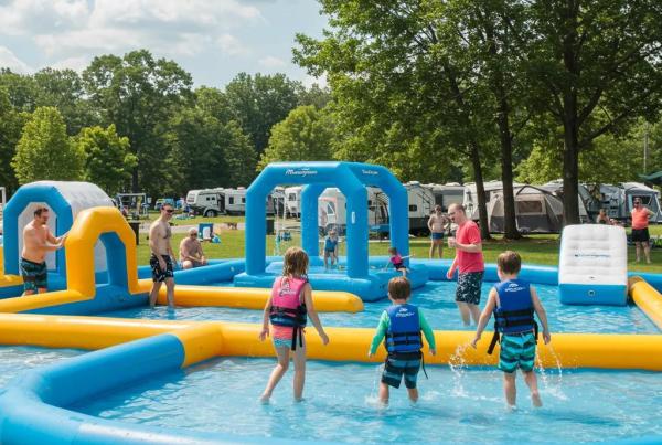 Family enjoying kid-friendly camping activities in Michigan, featuring inflatable water park