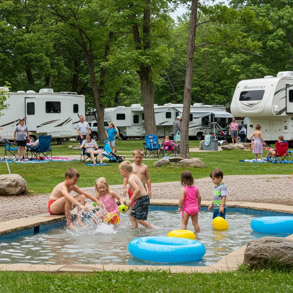 Family enjoying outdoor activities at a campground in Michigan, highlighting water recreation and family bonding