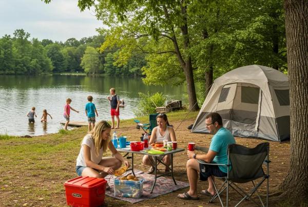 Family enjoying outdoor activities at an Ohio state park campground by the lake
