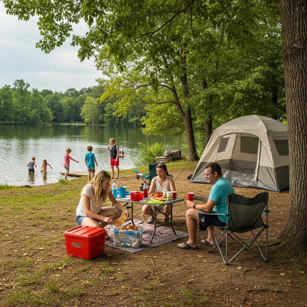 Family enjoying outdoor activities at an Ohio state park campground by the lake