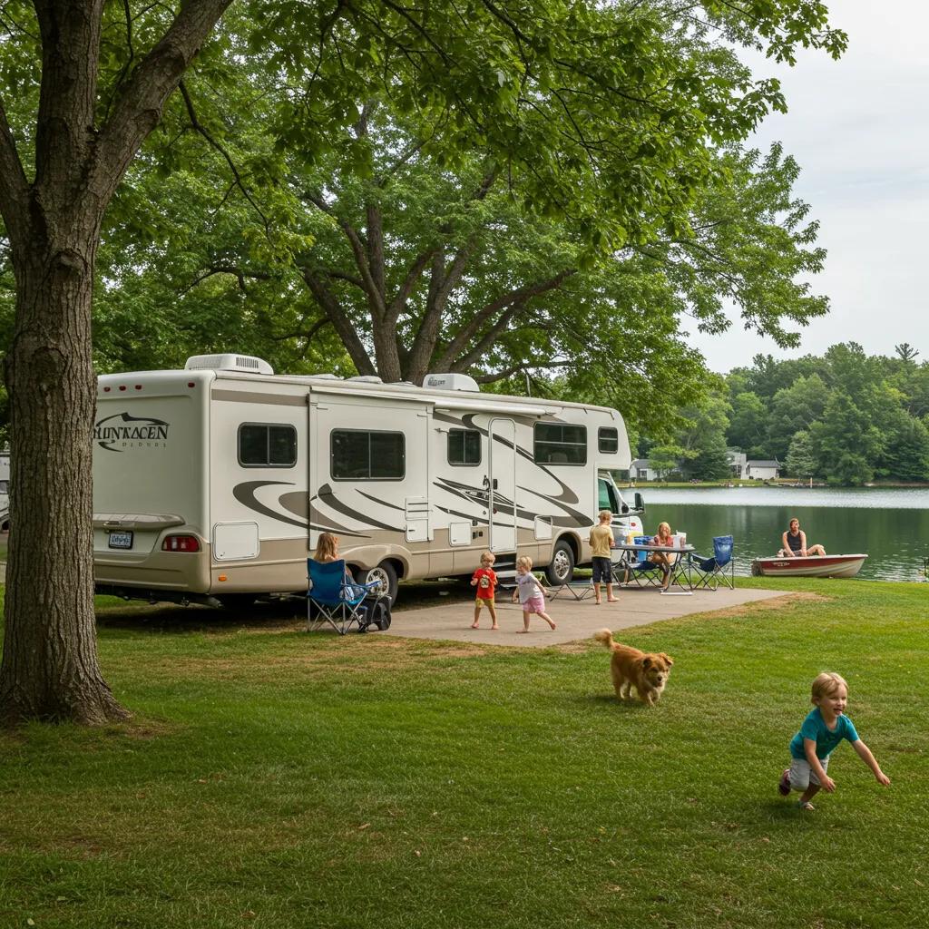 Family enjoying RV camping at a scenic campground with a lake and trees