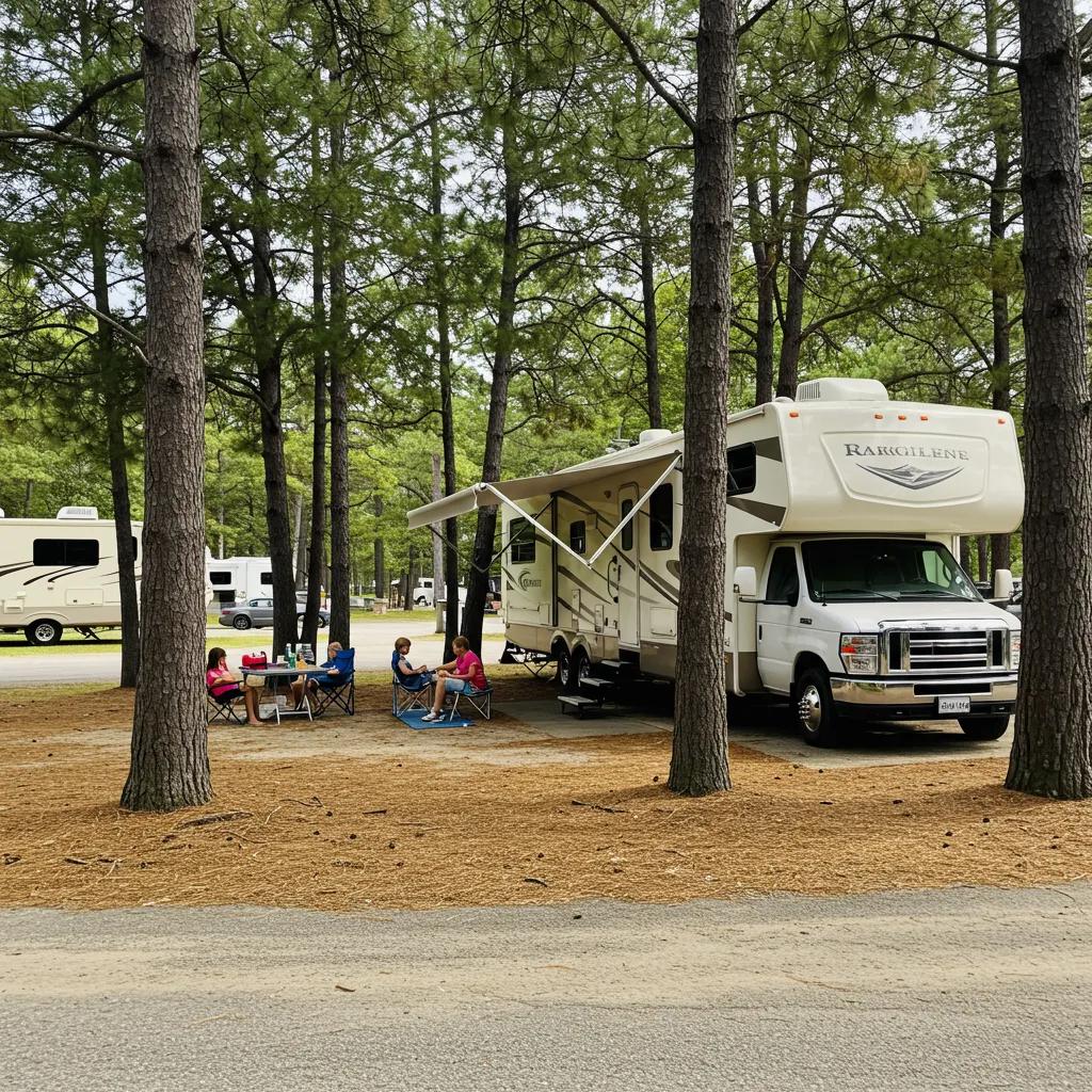 Family enjoying RV camping at a scenic campground with children playing and a picnic setup