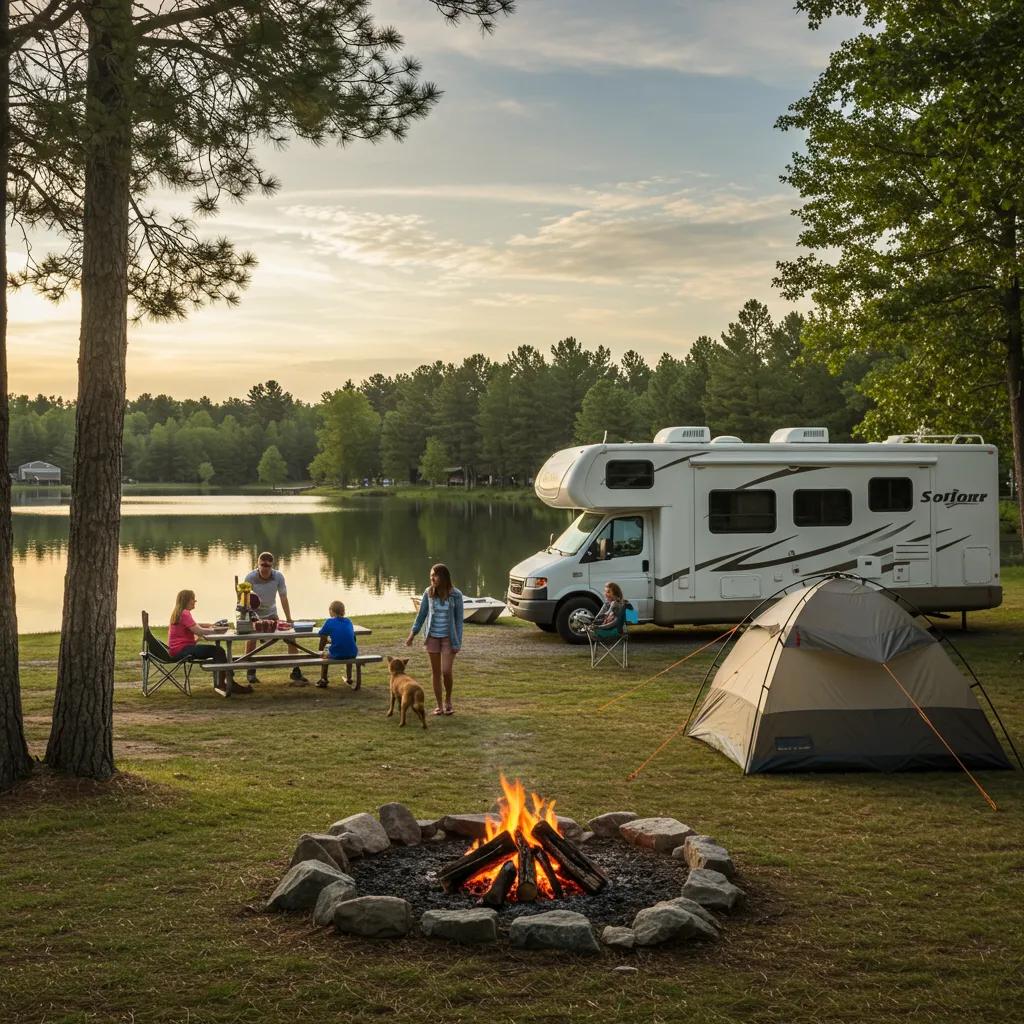 Family enjoying tent and RV camping at a scenic campground near a lake
