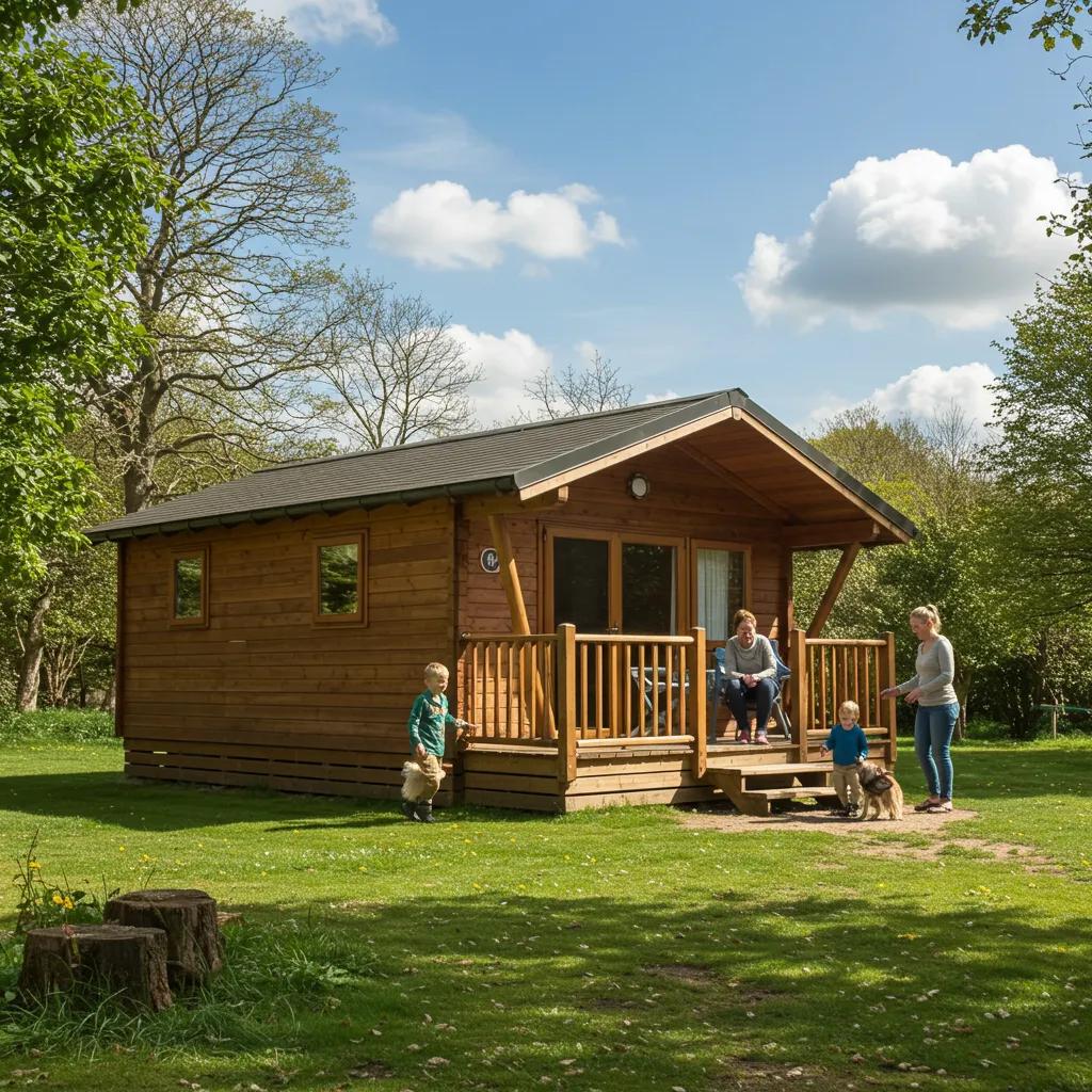 Family enjoying time with their dog outside a cozy dog-friendly cabin in a natural setting